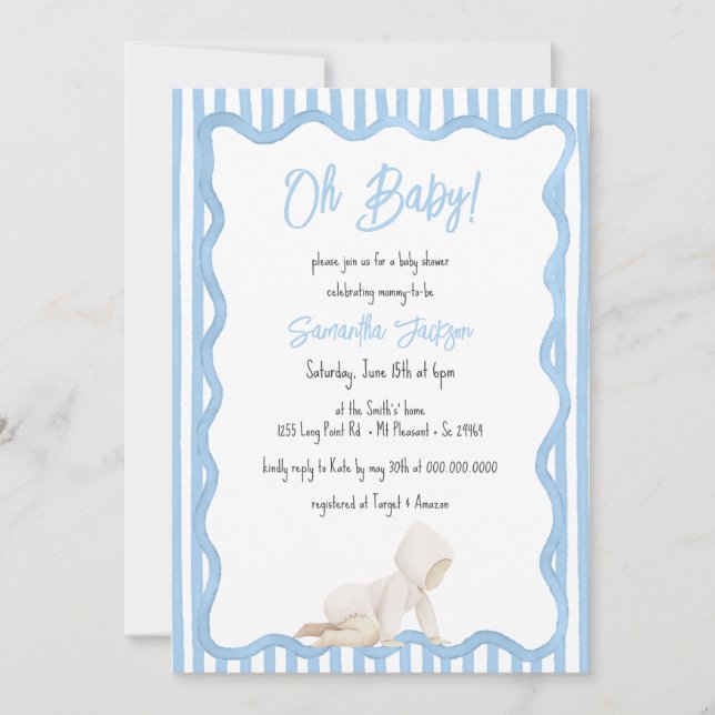 Whimsical Hand Drawn Boy Blue Baby Shower Invitation (Front)