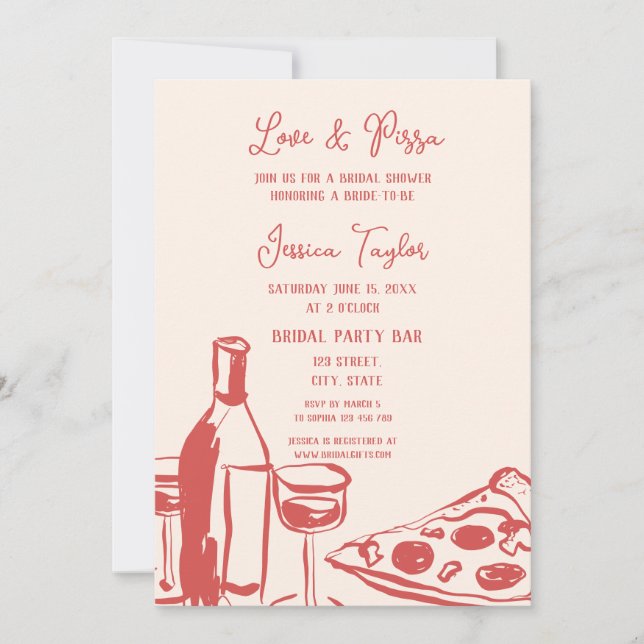 Whimsical Hand Drawn Bridal Brunch Love & Pizza Invitation (Front)