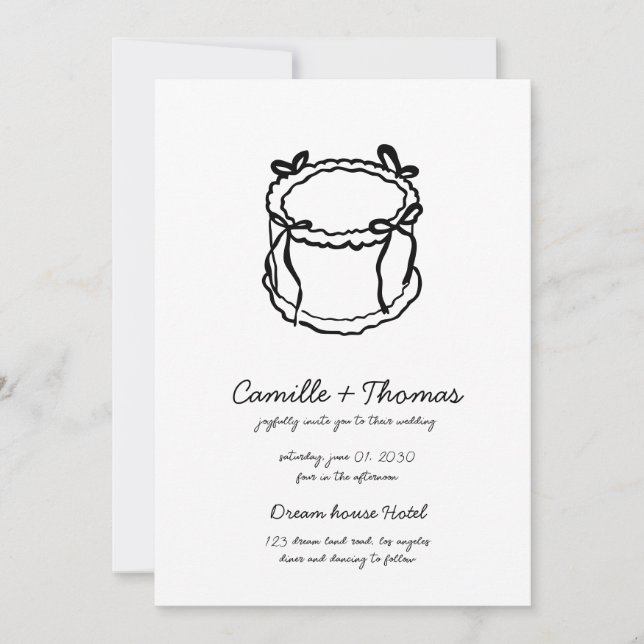 Whimsical Hand-Drawn Cake Wedding Invitation (Front)