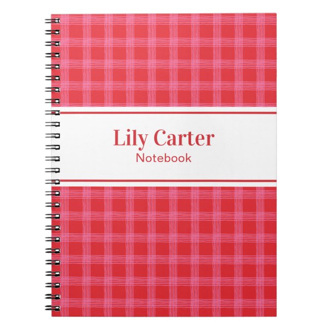 Whimsical Hand Drawn Cherry Red and Pink Plaid Notebook (Front)