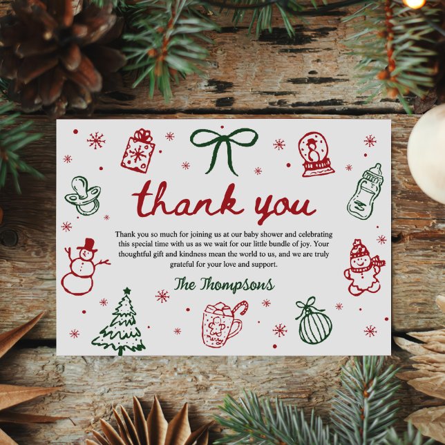 Whimsical Hand Drawn Christmas Baby Shower Thank You Card (Creator Uploaded)