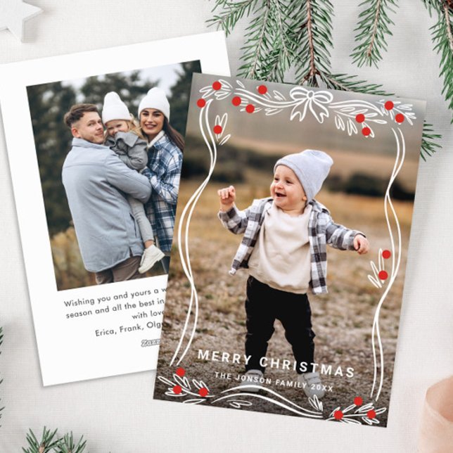 Whimsical Hand Drawn Christmas Bow Ribbon 2 Photo Holiday Card (Creator Uploaded)