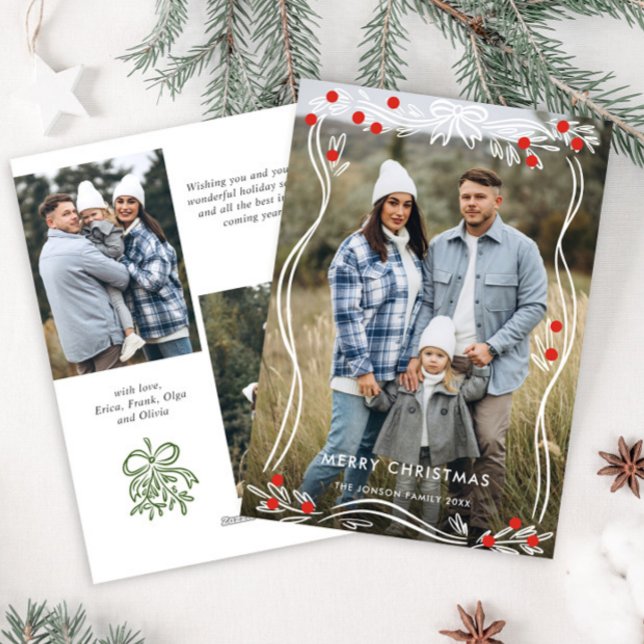 Whimsical Hand Drawn Christmas Bow Ribbon 3 Photo Holiday Card (Creator Uploaded)