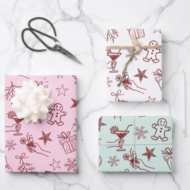 Whimsical Hand drawn Christmas Doodles Pattern Wrapping Paper Sheet (Front)