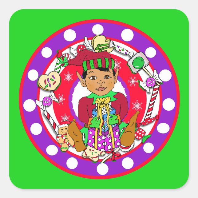 Whimsical Hand Drawn Christmas Elf Square Sticker (Front)