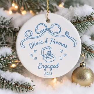 Whimsical Hand Drawn Christmas Engaged Ceramic Tree Decoration