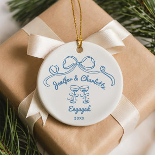Whimsical Hand Drawn Christmas Engaged Ceramic Tree Decoration