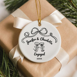 Whimsical Hand Drawn Christmas Engaged Ceramic Tree Decoration