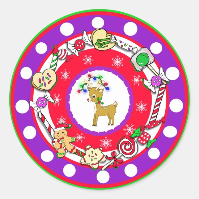 Whimsical Hand Drawn Christmas Reindeer Classic Round Sticker (Front)