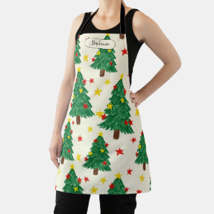 Whimsical Hand Drawn Christmas Tree Pattern Person Apron