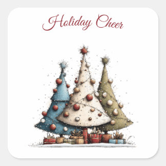 Whimsical Hand-Drawn Christmas Tree Pattern  Square Sticker