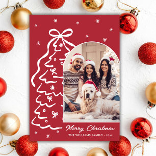 Whimsical Hand-Drawn Christmas Tree Photo Red Holiday Card