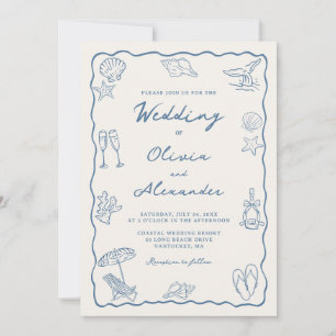 Whimsical Hand Drawn Coastal Beach Wedding Invitation