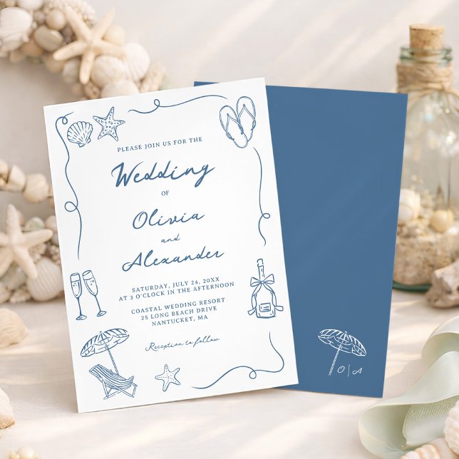 Whimsical Hand Drawn Coastal Blue Beach Wedding Invitation (Creator Uploaded)
