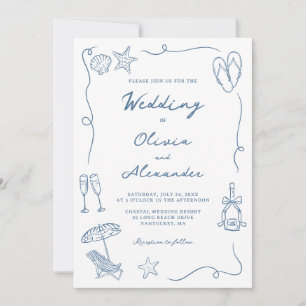 Whimsical Hand Drawn Coastal Blue Beach Wedding Invitation