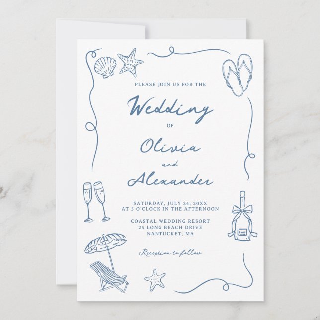 Whimsical Hand Drawn Coastal Blue Beach Wedding Invitation (Front)