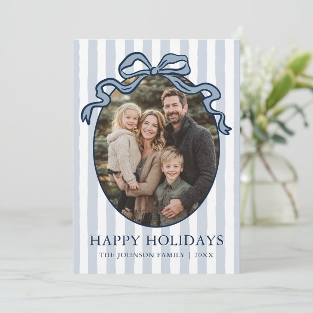 Whimsical Hand Drawn Coquette Bow Family Photo Holiday Card (Standing Front)