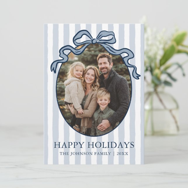 Whimsical Hand Drawn Coquette Bow Family Photo Holiday Card (Standing Front)