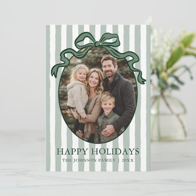 Whimsical Hand Drawn Coquette Bow Family Photo Holiday Card (Standing Front)