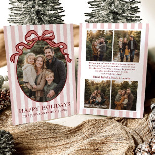 Whimsical Hand Drawn Coquette Red Bow Family Photo Holiday Card