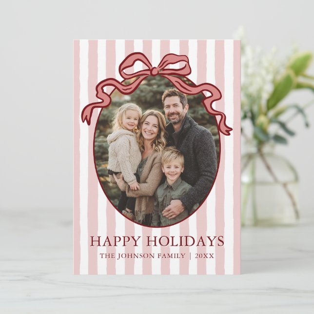 Whimsical Hand Drawn Coquette Red Bow Family Photo Holiday Card (Standing Front)