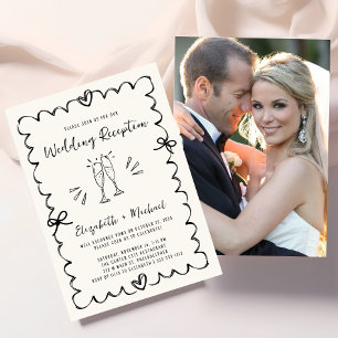 Whimsical Hand Drawn Cream Photo Wedding Reception Invitation