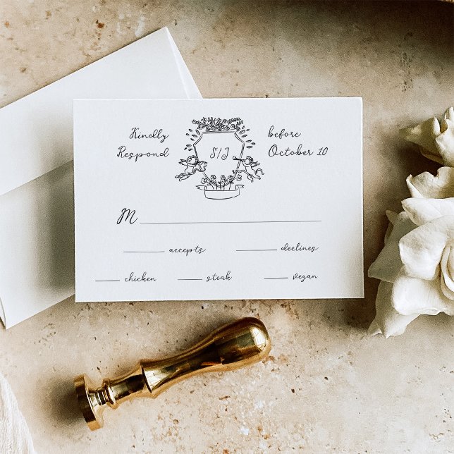 Whimsical Hand Drawn Crest with Monogram | Wedding RSVP Card (Creator Uploaded)