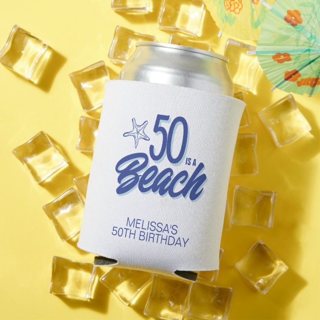 Whimsical Hand Drawn Doodle 50th Beach Birthday Can Cooler (In Situ Summer)