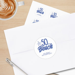 Whimsical Hand Drawn Doodle 50th Beach Birthday Classic Round Sticker