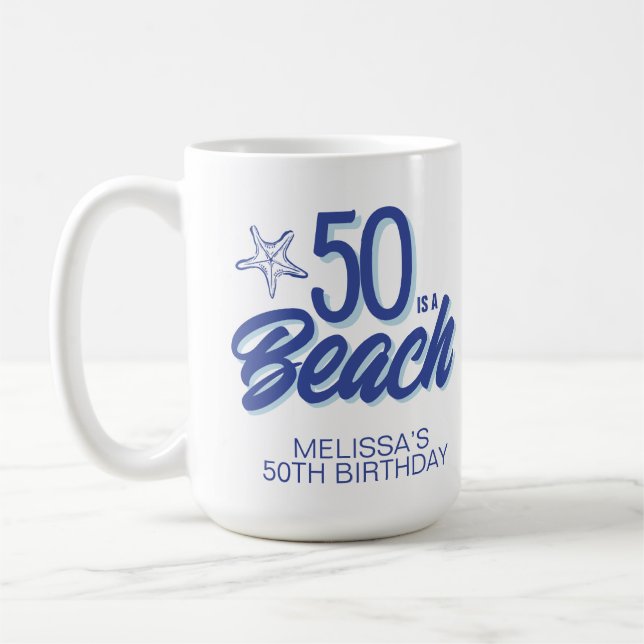 Whimsical Hand Drawn Doodle 50th Beach Birthday Coffee Mug (Left)