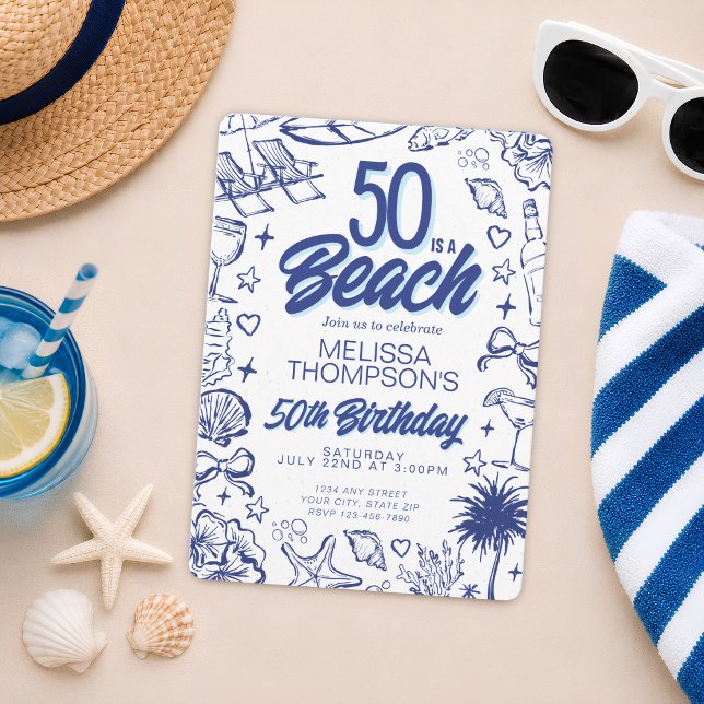 Whimsical Hand Drawn Doodle 50th Beach Birthday Invitation (Creator Uploaded)