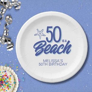 Whimsical Hand Drawn Doodle 50th Beach Birthday Paper Plate
