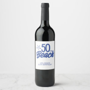 Whimsical Hand Drawn Doodle 50th Beach Birthday Wine Label