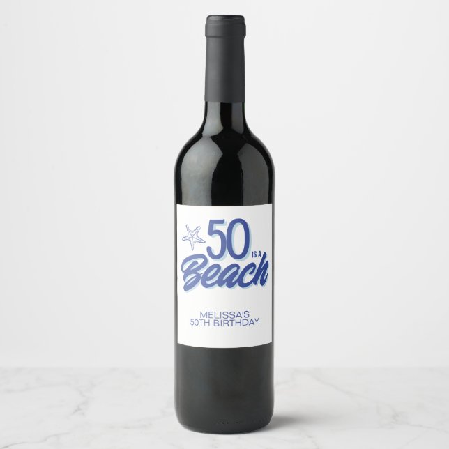 Whimsical Hand Drawn Doodle 50th Beach Birthday Wine Label (Front)