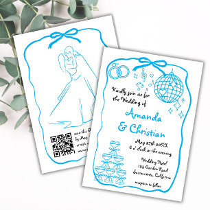 Whimsical Hand Drawn Doodle Blue Bow Wedding Invitation