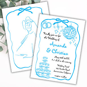 Whimsical Hand Drawn Doodle Blue  Bow Wedding Invitation
