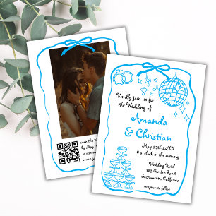 Whimsical Hand Drawn Doodle Blue Photo Wedding Invitation