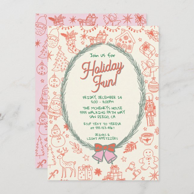 Whimsical hand drawn doodle Christmas Party Invitation (Front/Back)