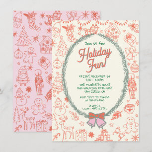 Whimsical hand drawn doodle Christmas Party Invitation
