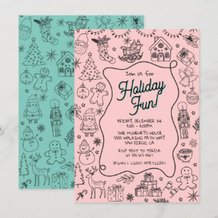 Whimsical hand drawn doodle Christmas Party Invitation