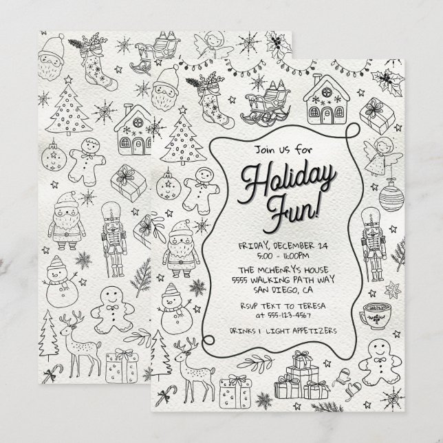 Whimsical hand drawn doodle Christmas Party Invitation (Front/Back)