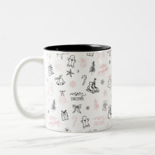 Whimsical Hand Drawn Doodle Christmas Pink Black Two-Tone Coffee Mug