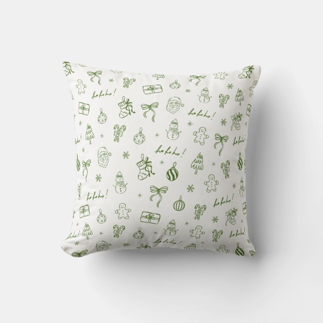 Whimsical Hand Drawn Doodle Green Cushion (Front)