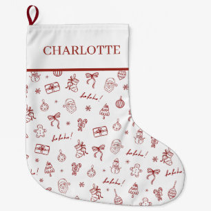 Whimsical Hand Drawn Doodle Red Large Christmas Stocking