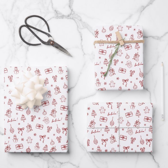 Whimsical Hand Drawn Doodle Red Wrapping Paper Sheet (Front)