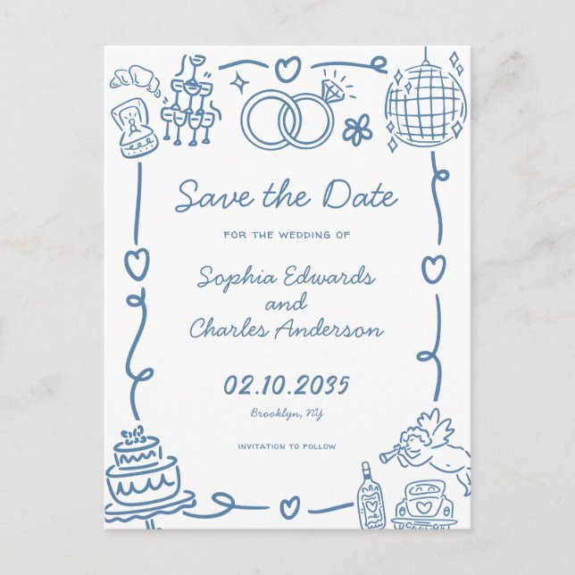 Whimsical Hand Drawn Doodle Wedding Save the Date Postcard (Front)