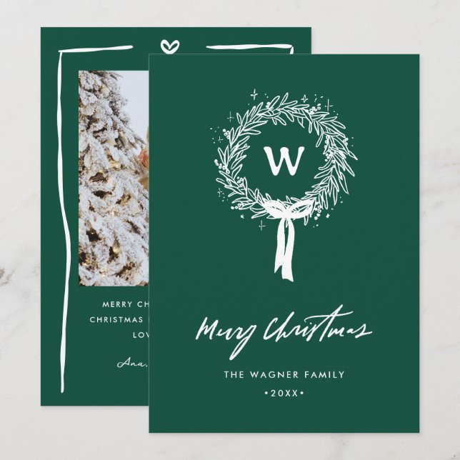 Whimsical Hand Drawn Doodle Wreath Christmas Photo Holiday Card (Front/Back)