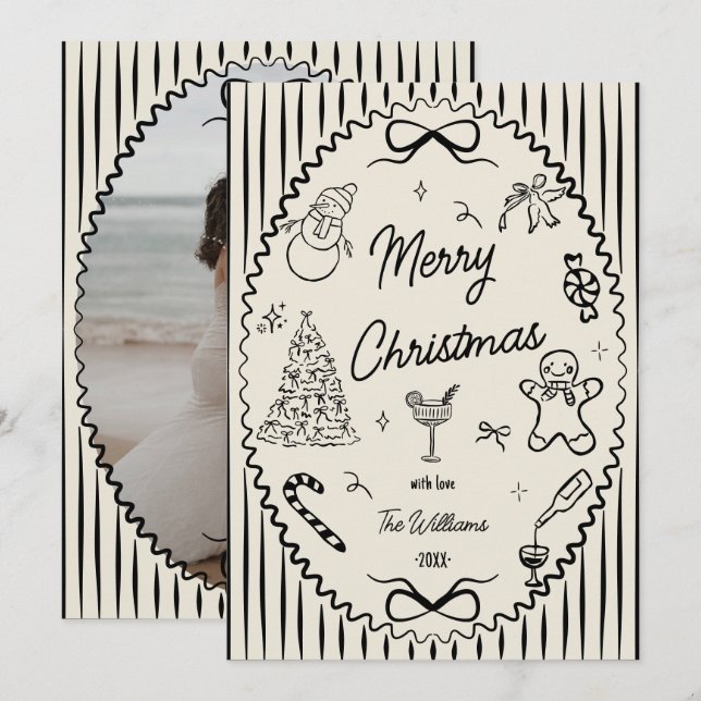 Whimsical Hand Drawn Doodles Christmas Photo  Holiday Card (Front/Back)