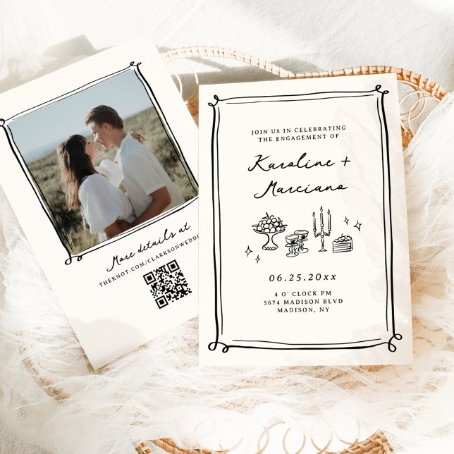 Whimsical Hand Drawn Doodles Engagement Party Invitation (Creator Uploaded)