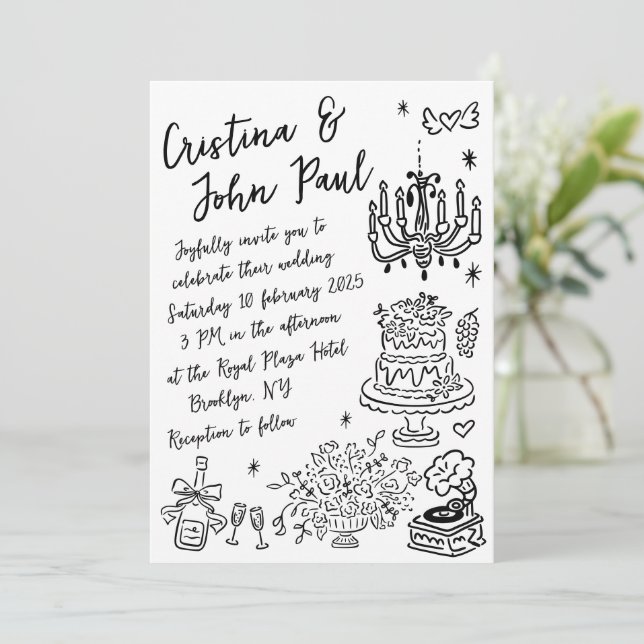Whimsical Hand Drawn Doodles French Style Wedding Invitation (Standing Front)